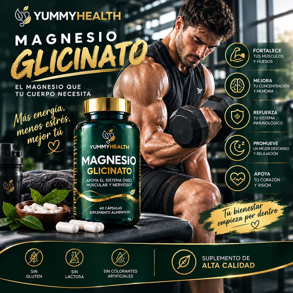 GLICINATO DE MAGNESIO PREMIUM YUMMY HEALTH, Relájate. Descansa. Despierta mejor