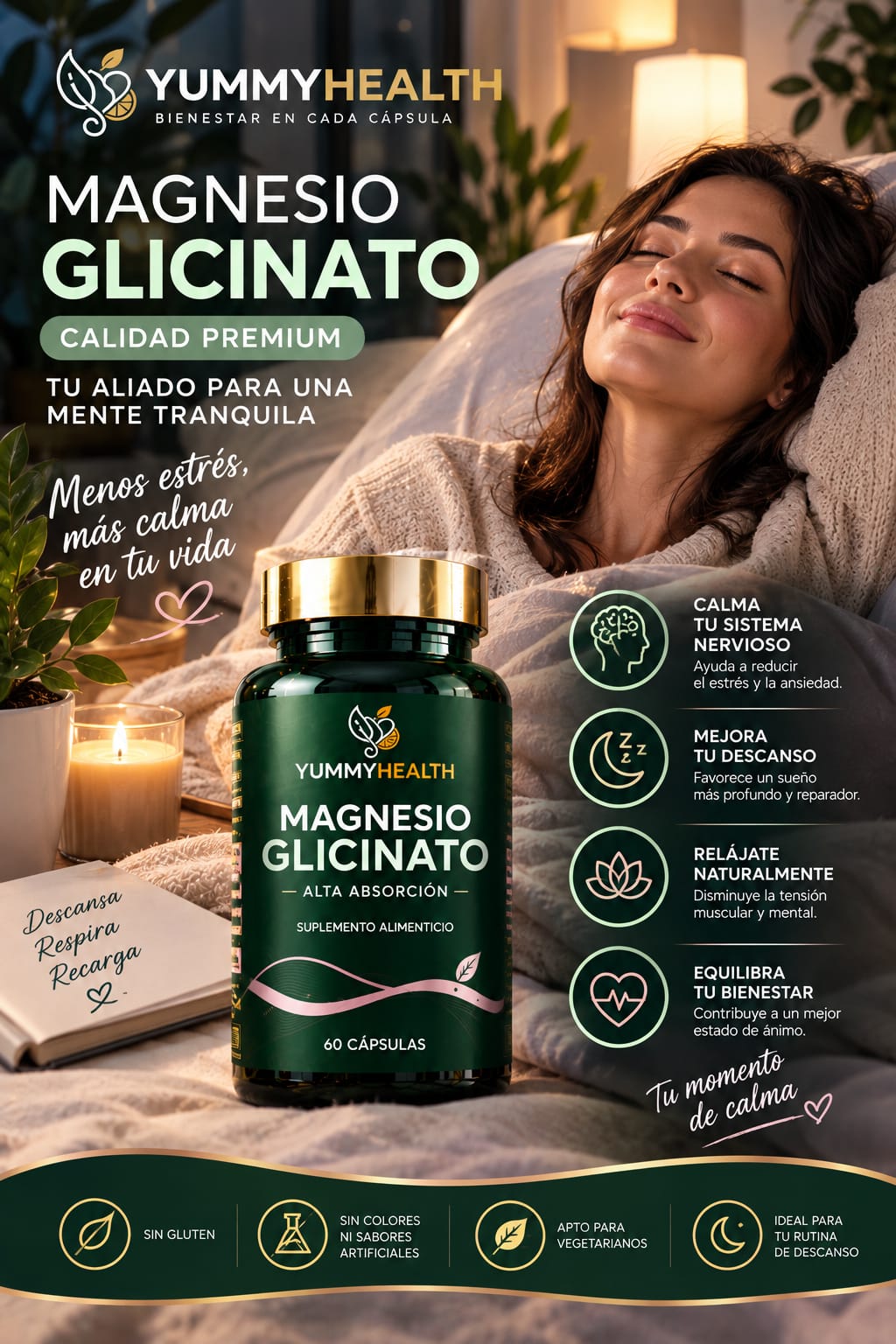 GLICINATO DE MAGNESIO PREMIUM YUMMY HEALTH, Relájate. Descansa. Despierta mejor