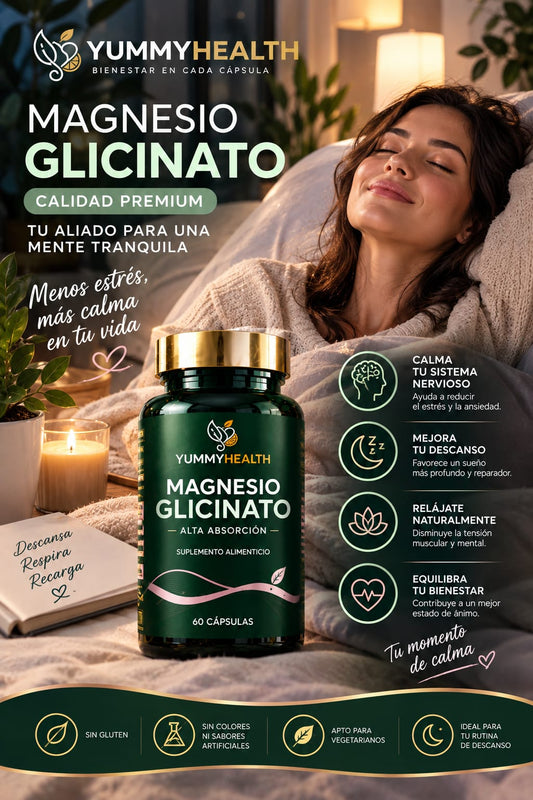 GLICINATO DE MAGNESIO PREMIUM YUMMY HEALTH, Relájate. Descansa. Despierta mejor