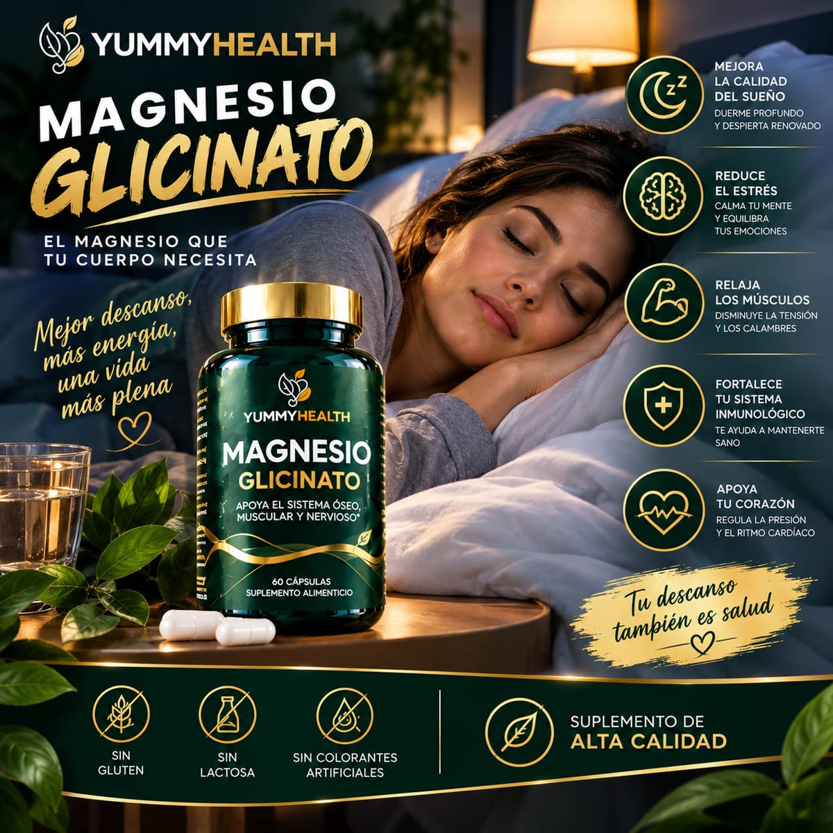 GLICINATO DE MAGNESIO PREMIUM YUMMY HEALTH, Relájate. Descansa. Despierta mejor