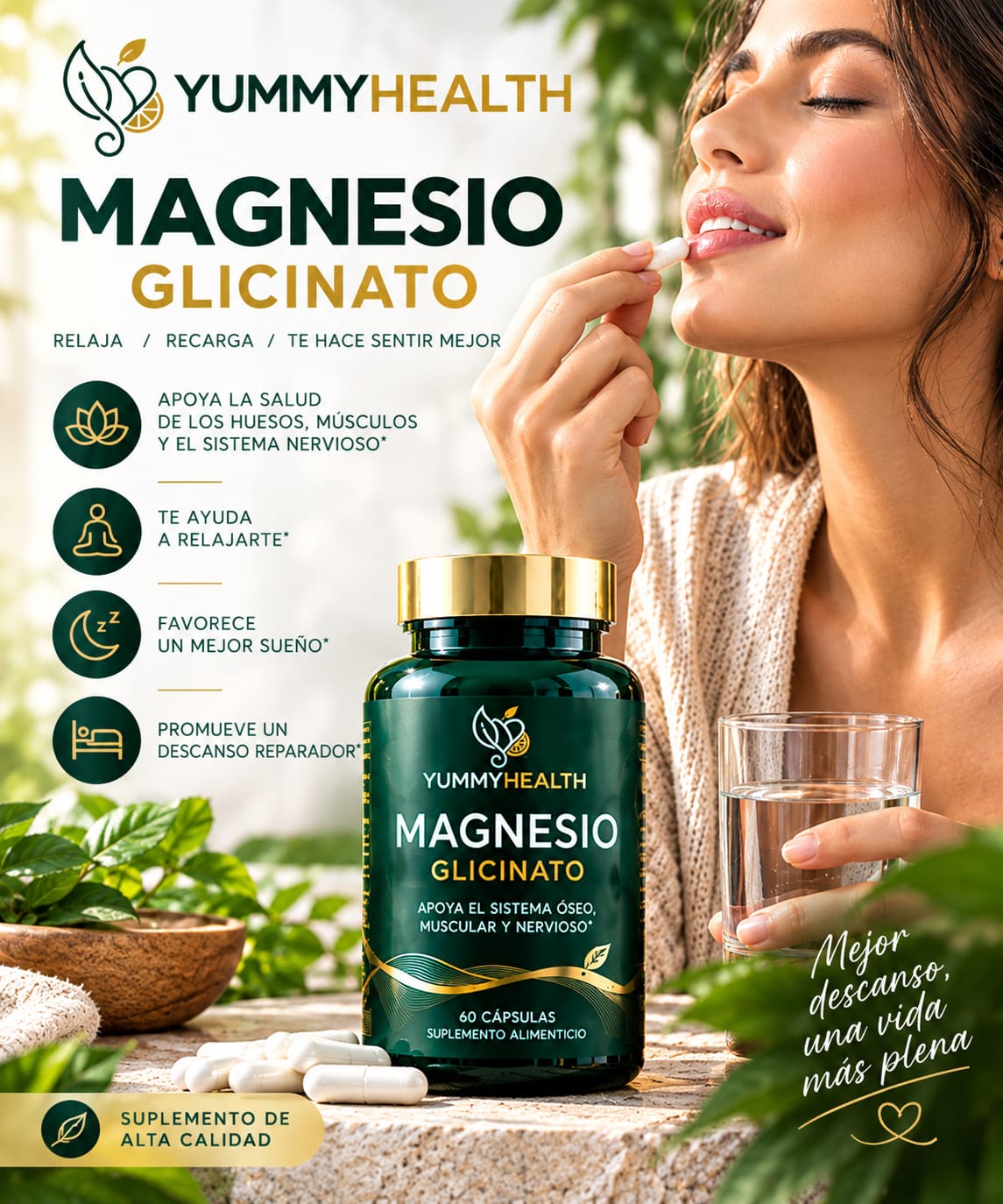 GLICINATO DE MAGNESIO PREMIUM YUMMY HEALTH, Relájate. Descansa. Despierta mejor